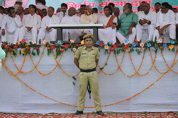 GREATER NOIDA, INDIA - JUNE 29: Chief Minister of Bihar Nitish Kumar addresses a rally in which he lambasted on the central and state government demanding liquor ban at Jewar on June 29, 2016 in Greater Noida, India. Kumar targeted Prime Minister Narendra Modi for showing off Yoga and allowing sale of liquor. At anti-liquor rally, Kumar sought support of the residents of Uttar Pradesh to ban liquor. (Photo by Burhaan Kinu/Hindustan Times via Getty Images)