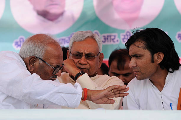 GREATER NOIDA, INDIA - JUNE 29: Chief Minister of Bihar Nitish Kumar addresses a rally in which he lambasted on the central and state government demanding liquor ban at Jewar on June 29, 2016 in Greater Noida, India. Kumar targeted Prime Minister Narendra Modi for showing off Yoga and allowing sale of liquor. At anti-liquor rally, Kumar sought support of the residents of Uttar Pradesh to ban liquor. (Photo by Burhaan Kinu/Hindustan Times via Getty Images)