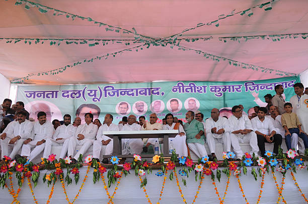 GREATER NOIDA, INDIA - JUNE 29: Chief Minister of Bihar Nitish Kumar addresses a rally in which he lambasted on the central and state government demanding liquor ban at Jewar on June 29, 2016 in Greater Noida, India. Kumar targeted Prime Minister Narendra Modi for showing off Yoga and allowing sale of liquor. At anti-liquor rally, Kumar sought support of the residents of Uttar Pradesh to ban liquor. (Photo by Burhaan Kinu/Hindustan Times via Getty Images)